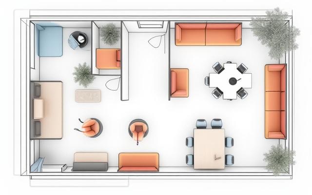 Re-imagined café layout with dedicated quiet zone, community table, comfortable lounge seating, charging stations, and acoustic panels.