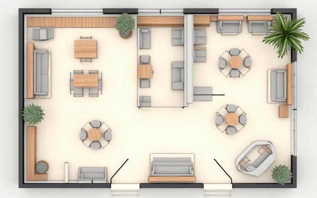 Standard, unoptimized café layout with scattered tables and minimal power access.