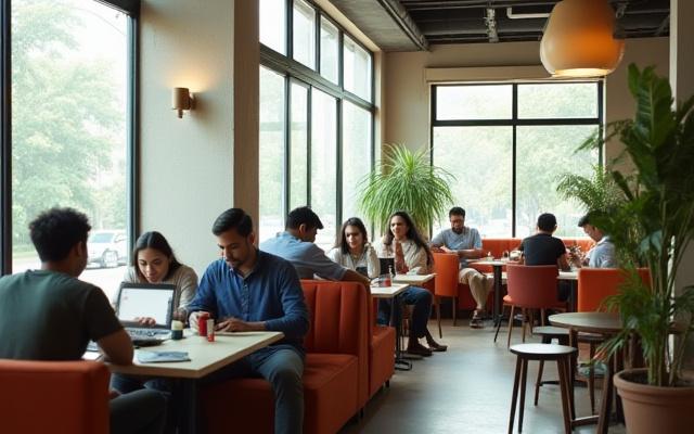 Bright, modern café scene with remote workers on laptops, ample lighting and visible power outlets, embodying productivity